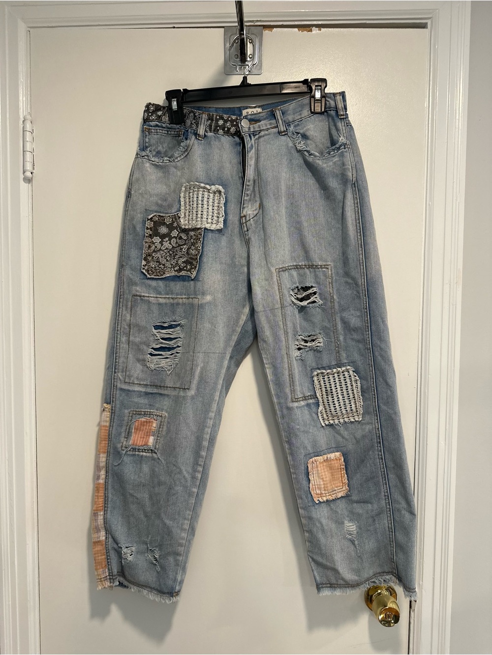 EUC POL Back Buckle Offshore SzM Paisley Patchwork Lightweight Denim Boho Pants.